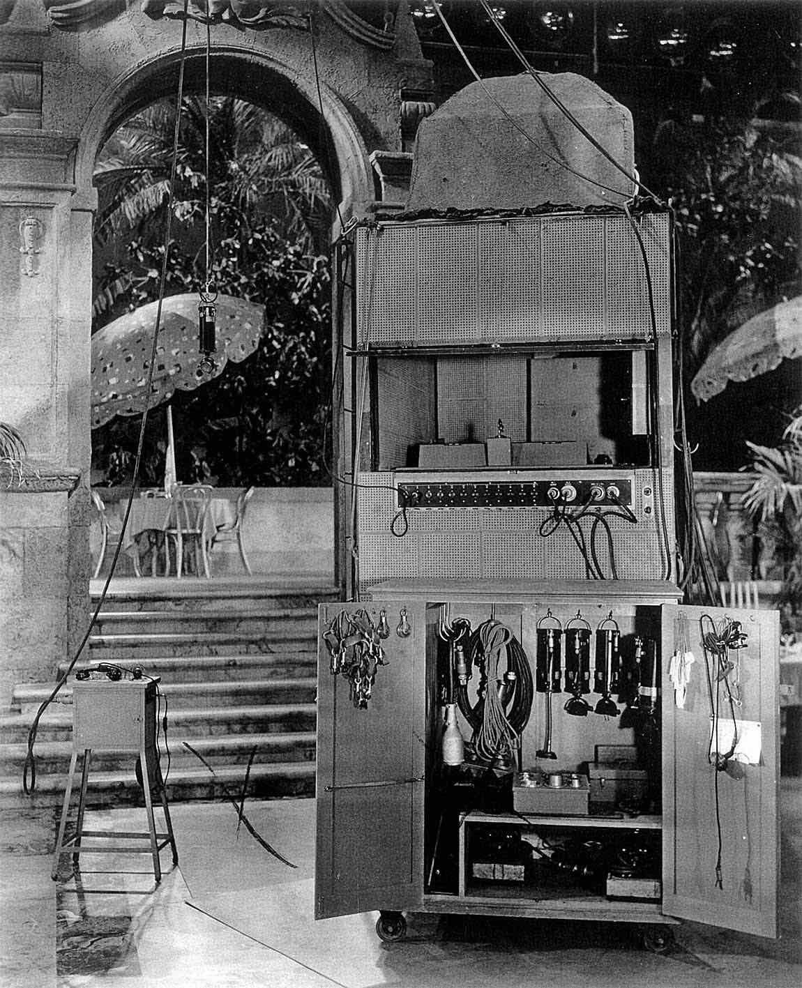 Elevated stage mixer booth and equipment box at Warners in 1927 Elevated stage mixer booth and equipment box at Warners in 1927