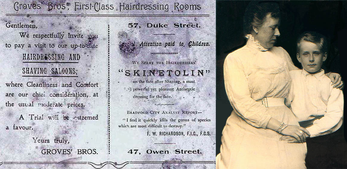 Business card of the Groves barber's shops in Duke Street and Owen Street in St Helens and young George Groves with his Aunt Jennie” alt=