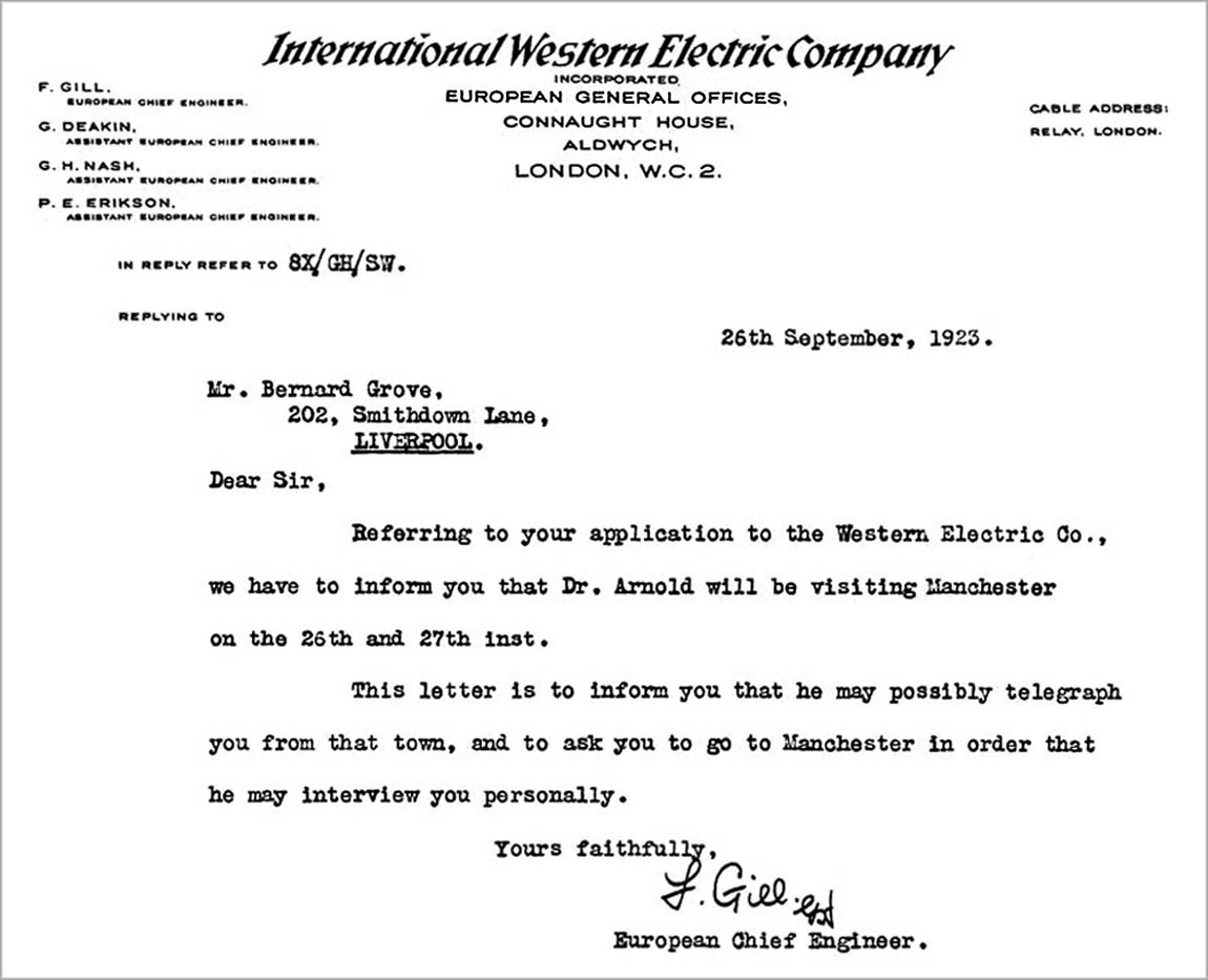 Letter to George Groves from Western Electric Research Labs Letter to George Groves from Western Electric Research Labs