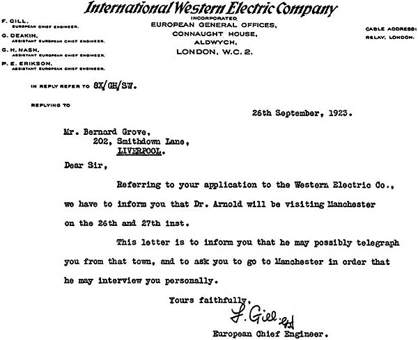 Letter to George Groves from Western Electric Research Labs Letter to George Groves from Western Electric Research Labs