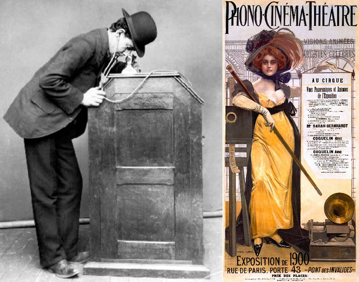 Edison's Kinetophone in which patrons listened through rubber ear tubes and a poster for the 1900 Paris Exposition Edison's Kinetophone in which patrons listened through rubber ear tubes and a poster for the 1900 Paris Exposition