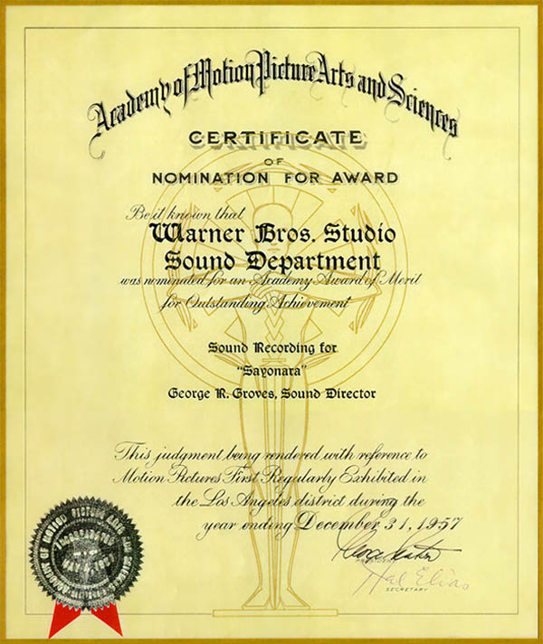 Warners Sound Department's Academy Award Nomination Certificate for Sayonara “The