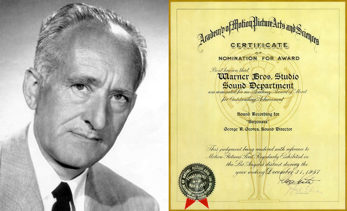 George Groves and Warners Sound Department's Academy Award Nomination Certificate for Sayonara George Groves and Warners Sound Department's Academy Award Nomination Certificate for Sayonara