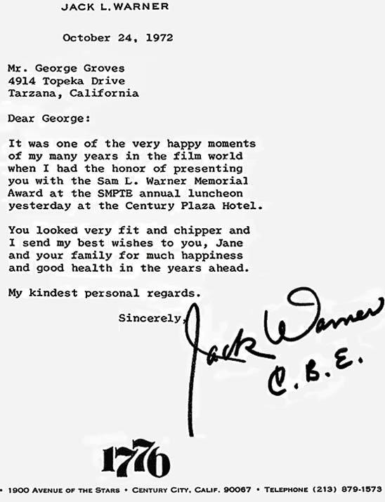 Letter from Jack Warner to George Groves Letter from Jack Warner to George Groves