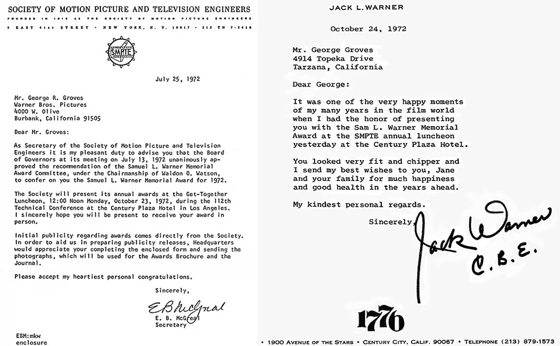 Letters concerning George Groves winning the Samuel L. Warner Memorial Award Letters concerning George Groves winning the Samuel L. Warner Memorial Award